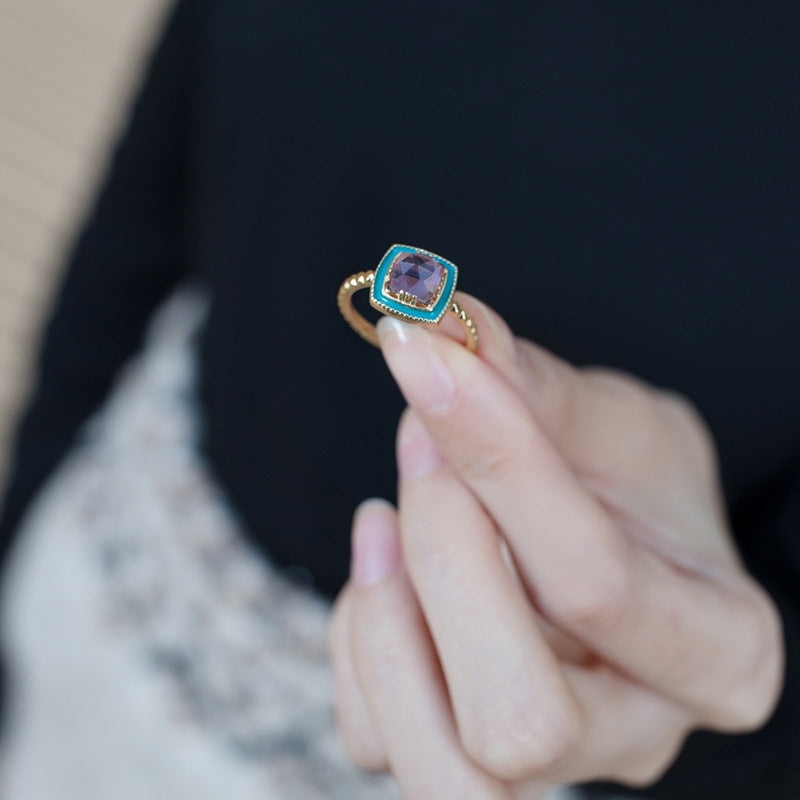 S925 Sterling Silver Jewelry Ring Natural Amethyst Gemstone Enamel Square Style Rings