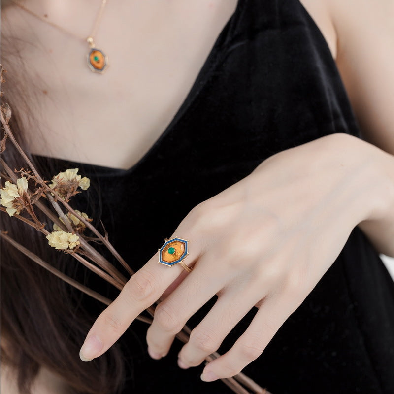 S925 Sterling Silver Jewelry Ring Natural Amber Vintage Palace Style Simple Luxury Rings