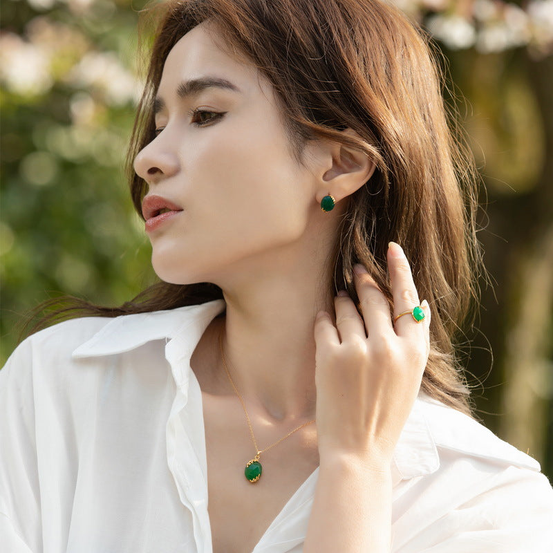 S925 Sterling Silver Jewelry Earrings Natural Green Agate Gemstone Fashion Stud Earrings