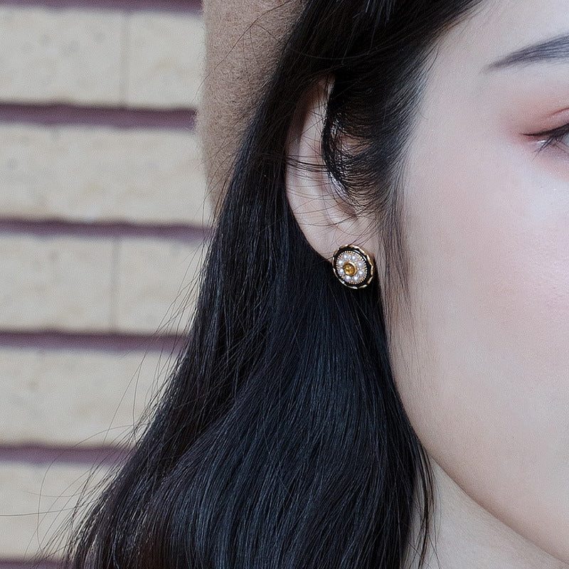 S925 Sterling Silver Jewelry Earrings Natural Amber Vintage Folk Style Pearl Earrings