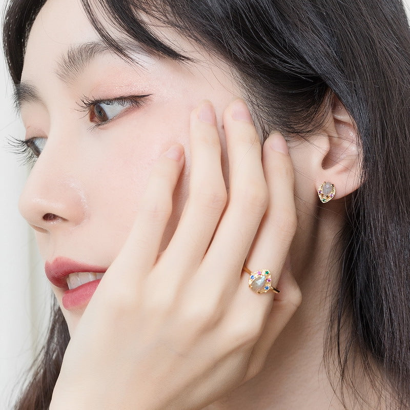 S925 Sterling Silver Jewelry Earrings Natural Labradorite Gemstone Golden Leaf Stud Earrings
