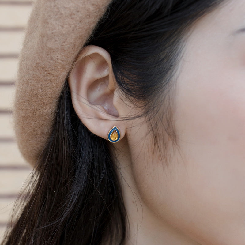 S925 Sterling Silver Jewelry Earrings Natural Amber Vintage Enamel Water Drop Style Earrings