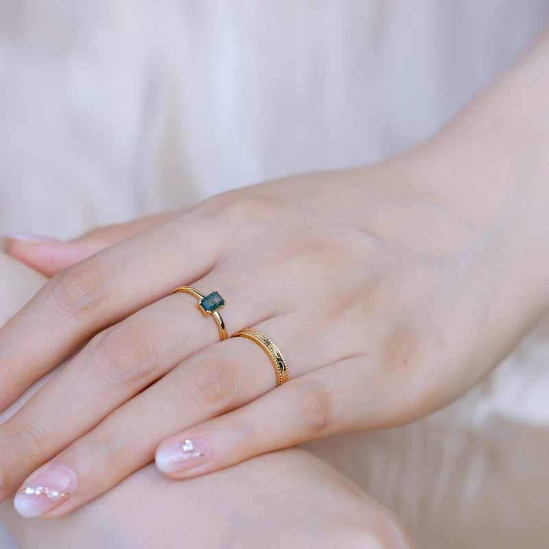 S925 Sterling Silver Jewelry Ring Natural Moss Agate Gemstone Gold Plating Stacking Rings