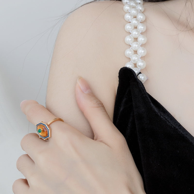S925 Sterling Silver Jewelry Ring Natural Amber Vintage Palace Style Simple Luxury Rings