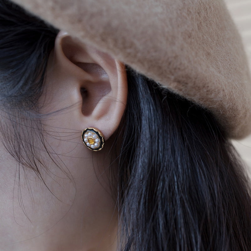 S925 Sterling Silver Jewelry Earrings Natural Amber Vintage Folk Style Pearl Earrings