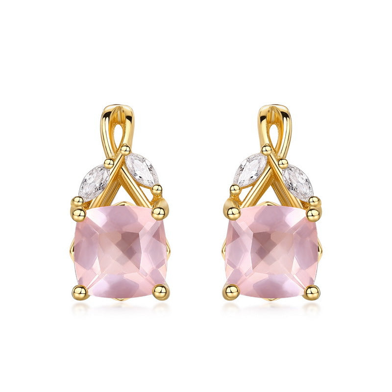S925 Sterling Silver Jewelry Earrings Natural Rose Quartz Gemstone Luxury Earrings