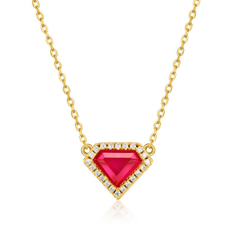 S925 Sterling Silver Jewelry Necklace Red Corundum Gemstone Shield Style Charms Necklaces