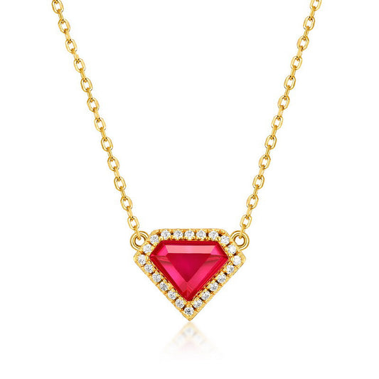 S925 Sterling Silver Jewelry Necklace Red Corundum Gemstone Shield Style Charms Necklaces