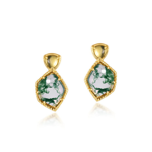 S925 Sterling Silver Jewelry Earrings Natural Moss Agate Gemstone Geometric Drop Earrings