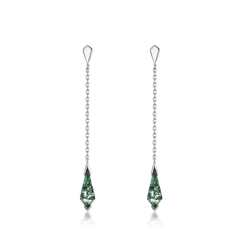 S925 Sterling Silver Jewelry Earrings Natural Moss Agate Gemstone Pendant Drop Earrings