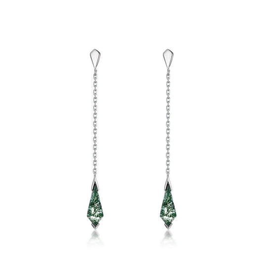 S925 Sterling Silver Jewelry Earrings Natural Moss Agate Gemstone Pendant Drop Earrings