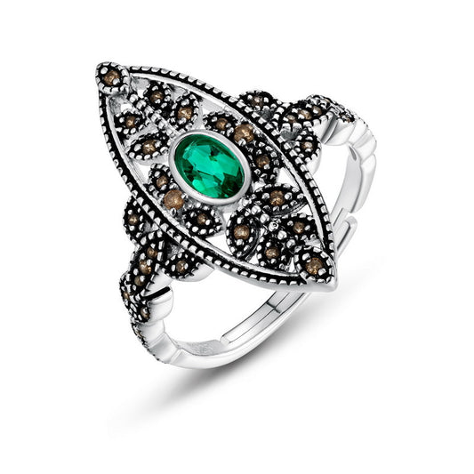 S925 Sterling Silver Jewelry Ring Lab Grown Emerald Gemstone Vintage Leaf Style Ring