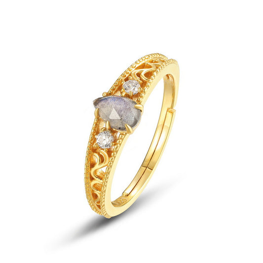 S925 Sterling Silver Jewelry Ring Natural Labradorite Gemstone Waterdrop Style Floral Lace Rings