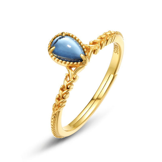 S925 Sterling Silver Jewelry Ring Natural Swiss Blue Topaz Gemstone Water Drop Style Rings