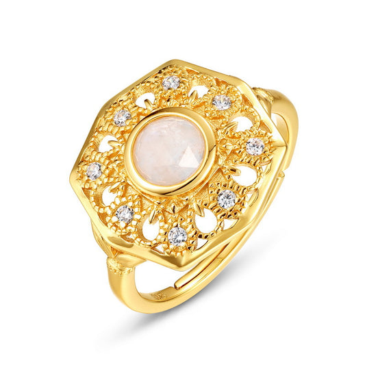 S925 Sterling Silver Jewelry Ring Natural Moonstone Gemstone Sunflower Style Luxury Rings