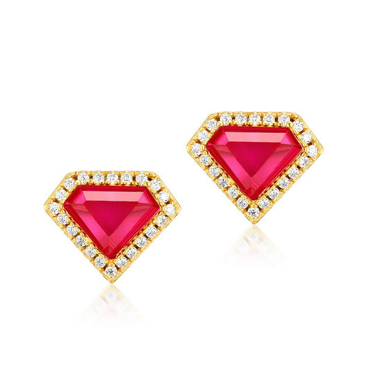 S925 Sterling Silver Jewelry Earrings Red Corundum Gemstone Shield Style Earrings