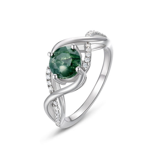 S925 Sterling Silver Jewelry Ring Natural Moss Agate Gemstone Wave Style Simple Luxury Rings