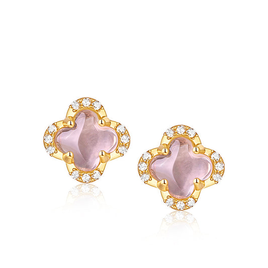 S925 Sterling Silver Jewelry Earrings Natural Rose Quartz Lucky Clover Style Stud Earrings