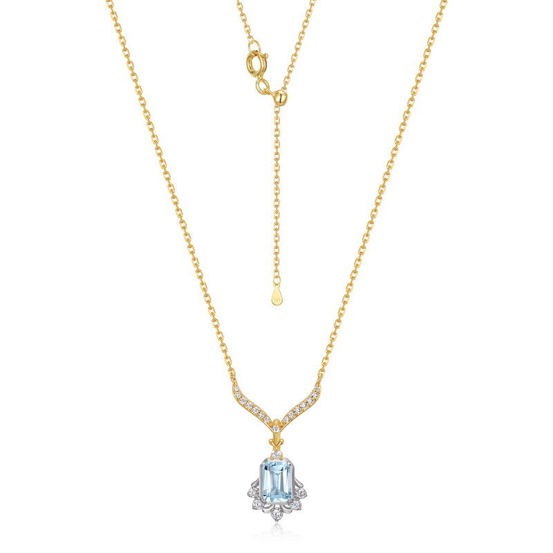 S925 Sterling Silver Jewelry Necklace Natural Sky Blue Topaz Gemstone Palace Style Necklaces