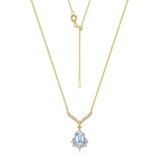 S925 Sterling Silver Jewelry Necklace Natural Sky Blue Topaz Gemstone Palace Style Necklaces