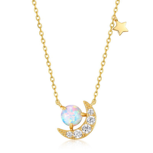 S925 Sterling Silver Jewelry Necklace Gold Plating Opal Gemstone Moon Style Necklace