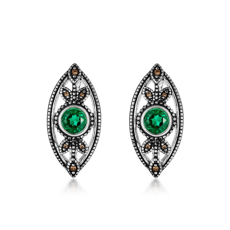 S925 Sterling Silver Jewelry Earrings Lab Grown Emerald Gemstone Vintage Leaf Style Earrings