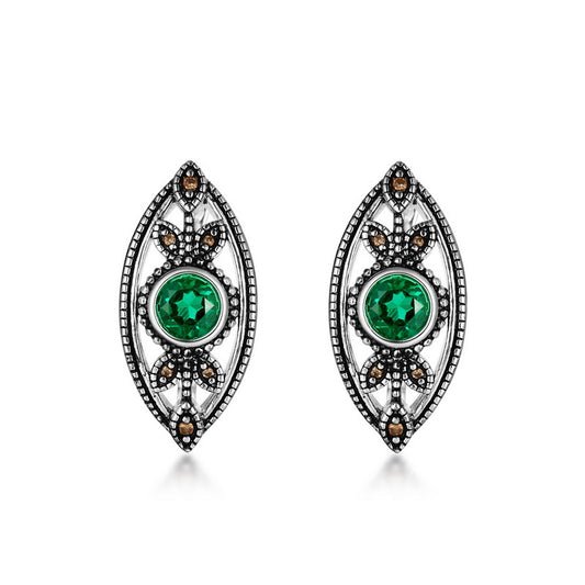 S925 Sterling Silver Jewelry Earrings Lab Grown Emerald Gemstone Vintage Leaf Style Earrings