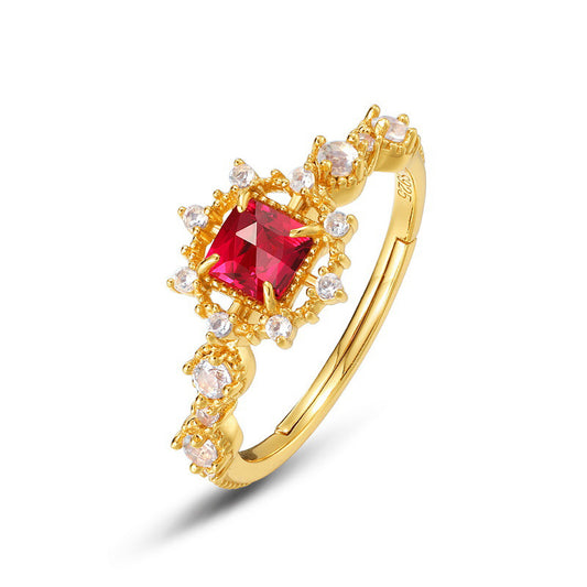 S925 Sterling Silver Jewelry Ring Red Corundum Gemstone Vintage Palace Style Rings