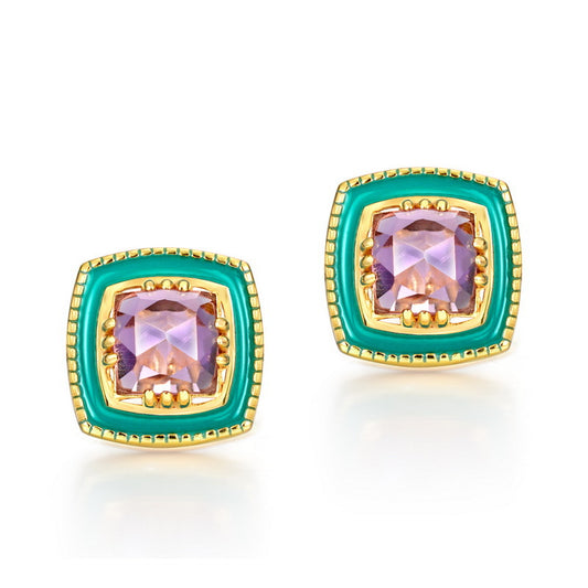 S925 Sterling Silver Jewelry Earrings Natural Amethyst Gemstone Enamel Stud Earrings