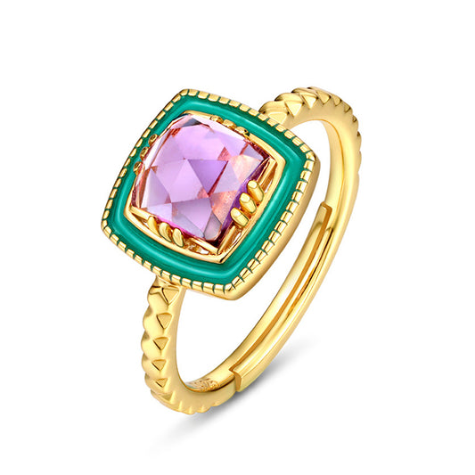S925 Sterling Silver Jewelry Ring Natural Amethyst Gemstone Enamel Square Style Rings