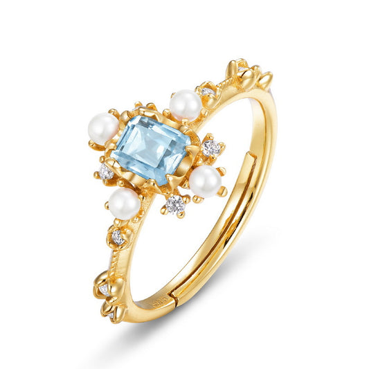 S925 Sterling Silver Jewelry Ring Natural Sky Blue Topaz Gemstone Snowflake Style Rings