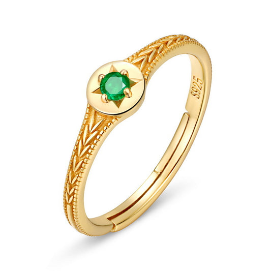 S925 Sterling Silver Jewelry Ring Natural Emerald Gemstone Vintage Star Style Rings