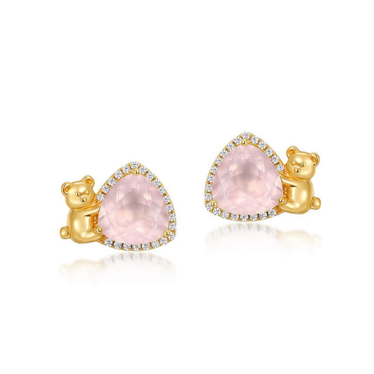 S925 Sterling Silver Jewelry Earrings Natural Rose Quartz Little Bear Triangle Style Earrings