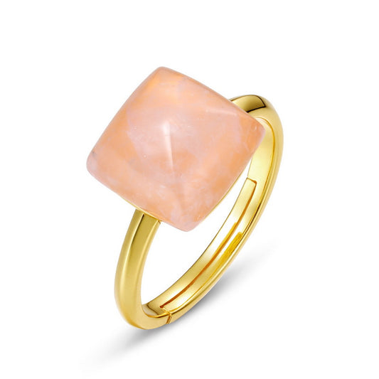 S925 Sterling Silver Jewelry Ring Gold Plating Natural Rose Quartz Simple Luxury Rings