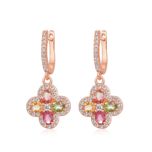 S925 Sterling Silver Jewelry Earrings Natural Tourmaline Gemstone Clover Style Earrings