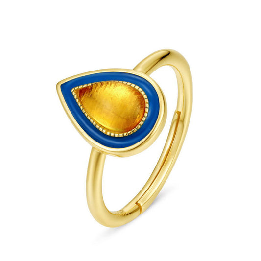 S925 Sterling Silver Jewelry Ring Natural Amber Vintage Enamel Water Drop Style Rings