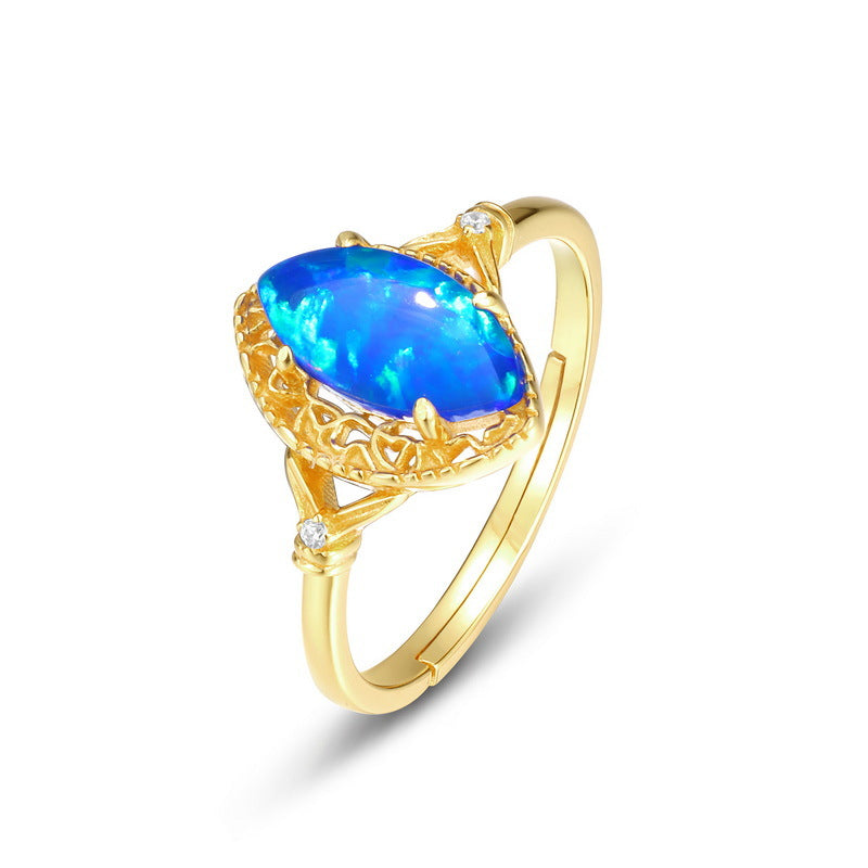 S925 Sterling Silver Jewelry Rings Blue Opal Gemstone Mariquesa Style Ring