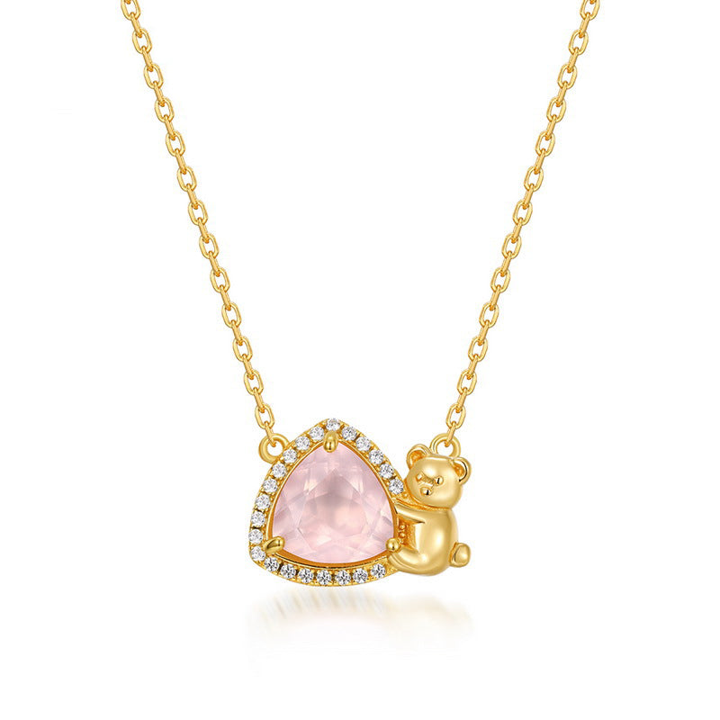 S925 Sterling Silver Jewelry Necklaces Natural Rose Quartz Little Bear Triangle Style Necklace