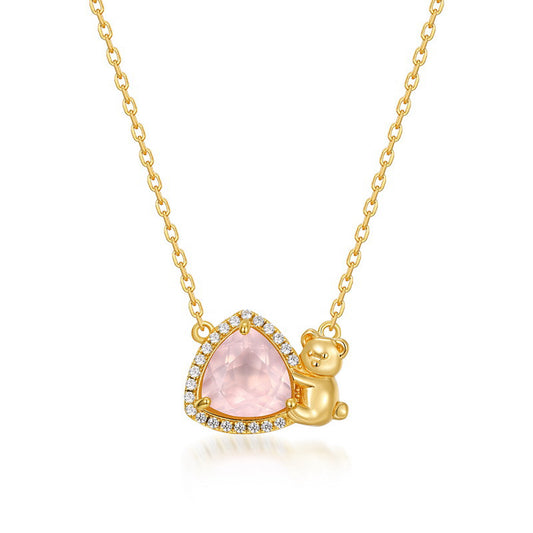 S925 Sterling Silver Jewelry Necklaces Natural Rose Quartz Little Bear Triangle Style Necklace