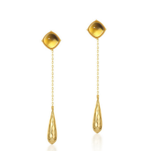 S925 Sterling Silver Jewelry Earrings Citrine Gemstone Tassels Style Drop Earrings