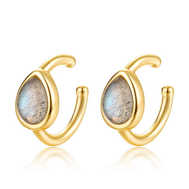 S925 Sterling Silver Jewelry Earrings Natural Labradorite Gemstone Waterdrop Style Ear Clips