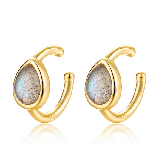 S925 Sterling Silver Jewelry Earrings Natural Labradorite Gemstone Waterdrop Style Ear Clips