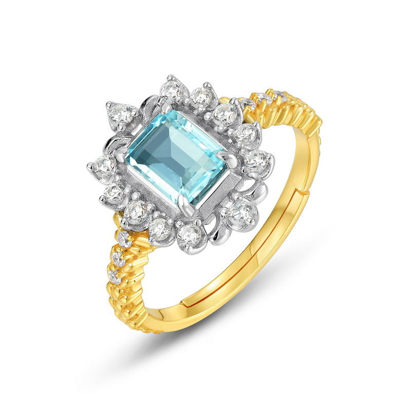 S925 Sterling Silver Jewelry Ring Natural Sky Blue Topaz Gemstone Palace Style Luxury Rings