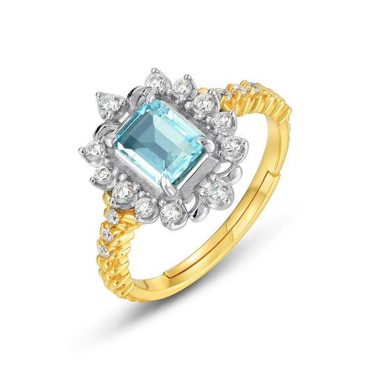 S925 Sterling Silver Jewelry Ring Natural Sky Blue Topaz Gemstone Palace Style Luxury Rings