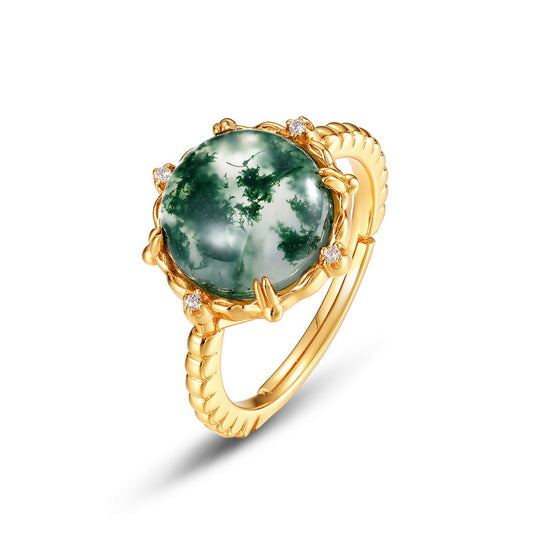 S925 Sterling Silver Jewelry Ring Natural Moss Agate Gemstone Gold Plating Fashion Rings