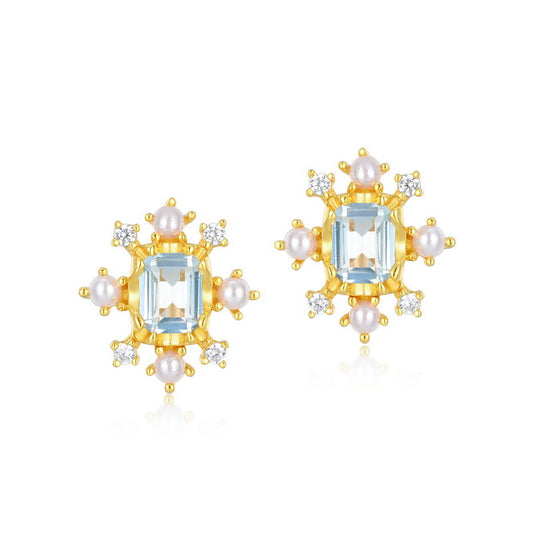 S925 Sterling Silver Jewelry Earrings Natural Sky Blue Topaz Gemstone Snowflake Stud Earrings
