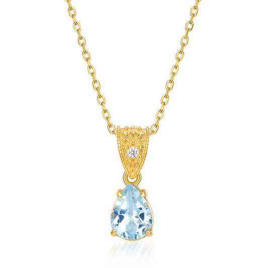 S925 Sterling Silver Jewelry Pendants Natural Sky Blue Topaz Water Drop Style Necklace Charms