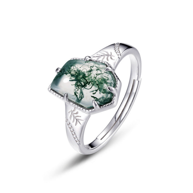 S925 Sterling Silver Jewelry Ring Natural Moss Agate Gemstone Irregular Simple Luxury Rings