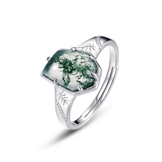 S925 Sterling Silver Jewelry Ring Natural Moss Agate Gemstone Irregular Simple Luxury Rings