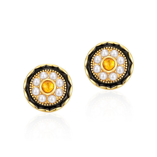 S925 Sterling Silver Jewelry Earrings Natural Amber Vintage Folk Style Pearl Earrings